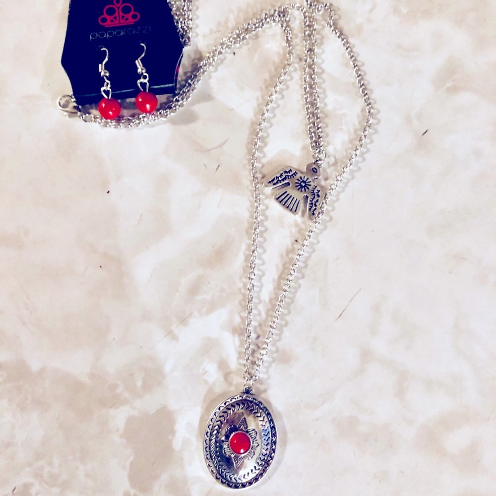 Coral colored Aztec necklace and earring set